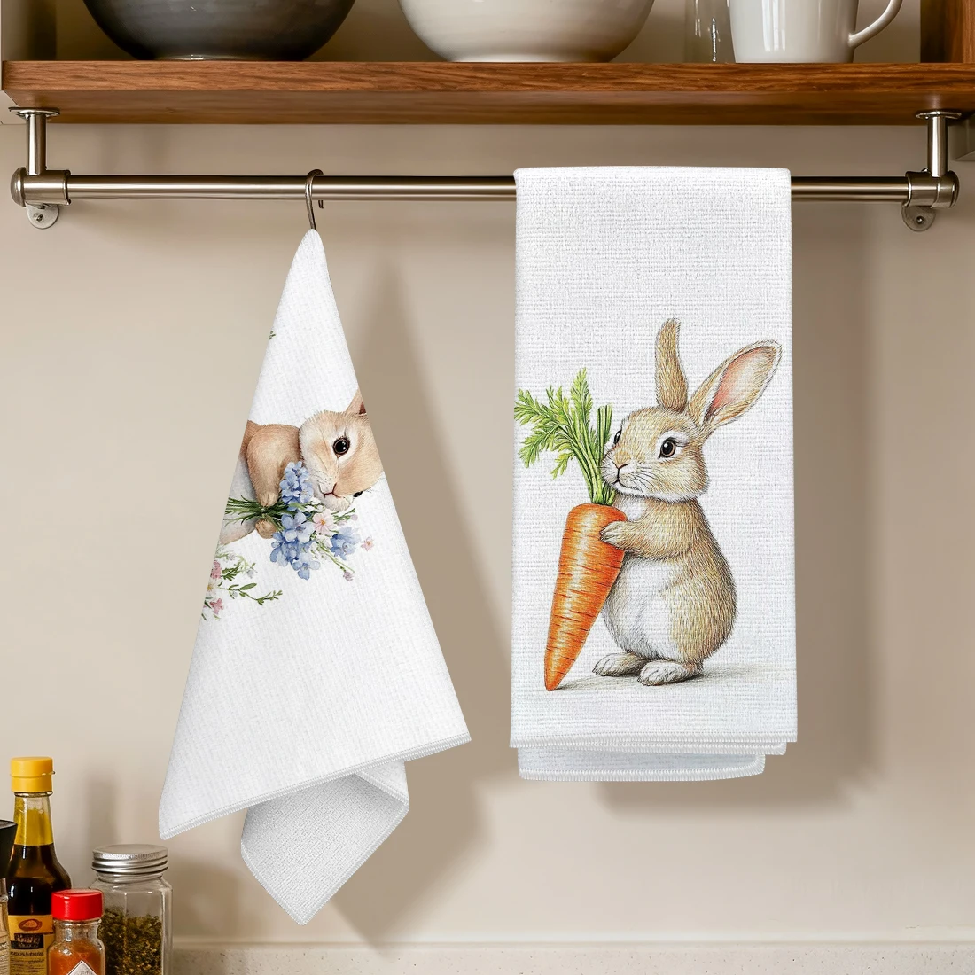 Home Textiles Towel - 2 Pcs Easter Bunny Printed Kitchen