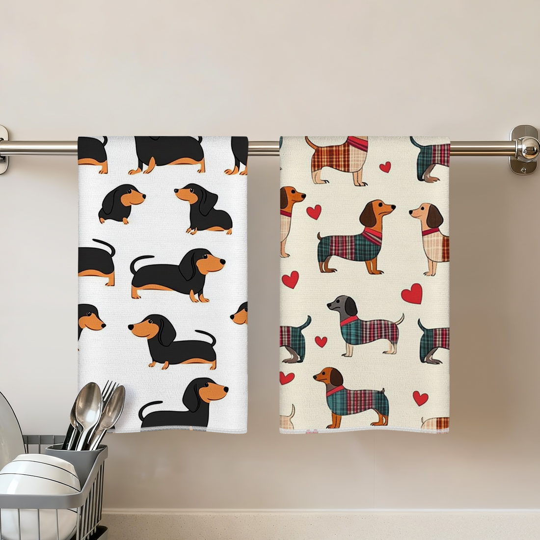 Home Textiles Towel - 2 Pcs Dachshund Printed Kitchen Towel,