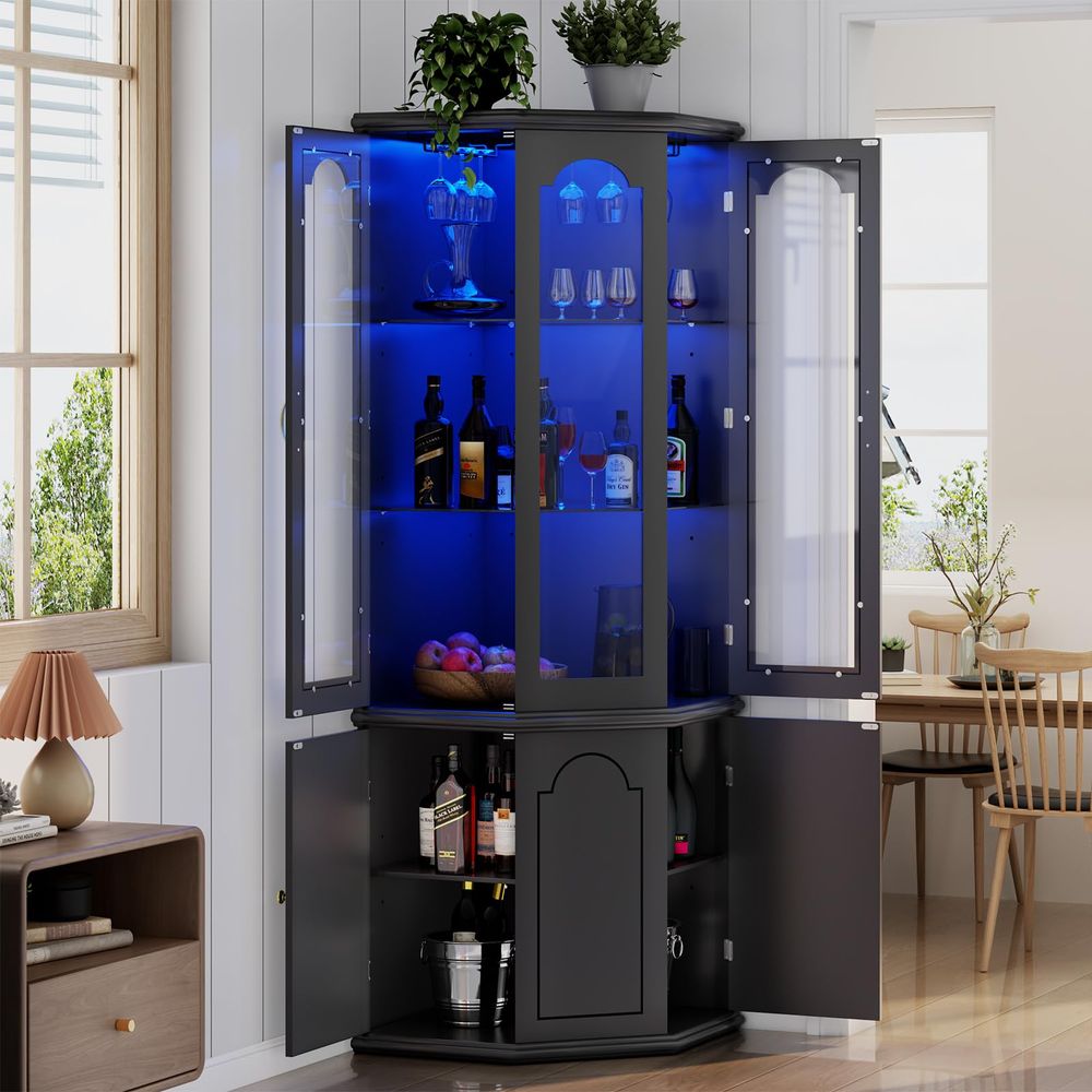 Home & Hotel Textiles Private Limited - Corner Bar Cabinet w LED Lights,